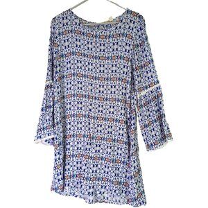 Roxy Women size M Blue Flowey Bell Sleeve Lace Short Bohemian Dress Romantic